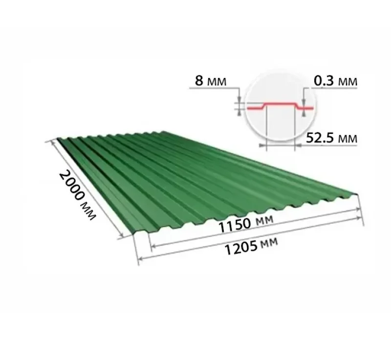 Купить Профнастил С8 зеленый мох RAL6005 2000х1200х0,3 мм